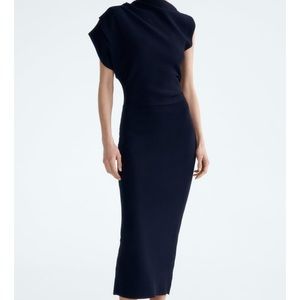 ZARA Asymmetric Sleeve Knit Dress Navy Blue
